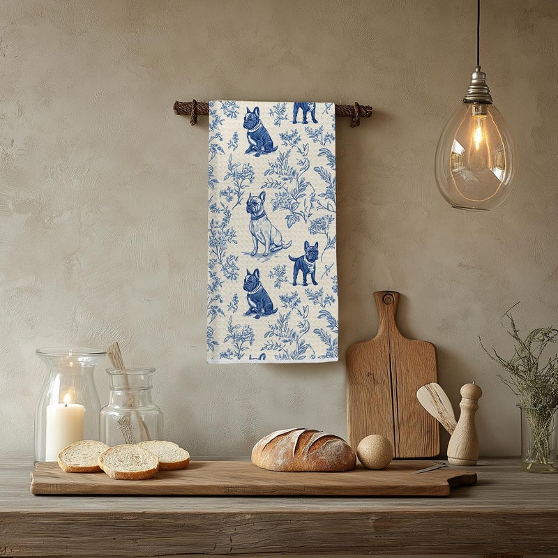 EKGJW French Bulldog Kitchen Towel, Chinoiserie Dog Hand & Dish Towel for Dog Lovers,Frenchie Gifts for Women, Farmhouse Blue Floral Tea Towels for Moms, 16x24 Inch - Image 4